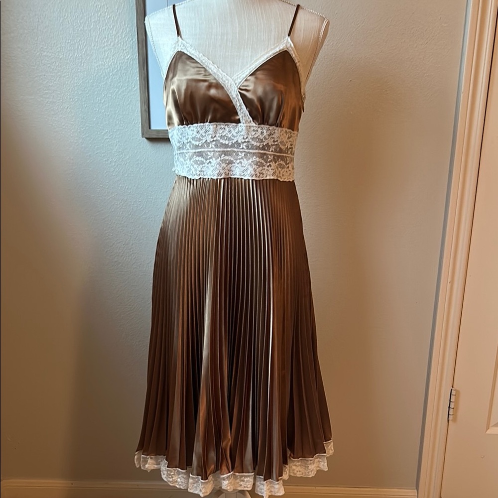 Betsey Johnson Vintage Brown/Bronze Satin Dress with Lace Trim